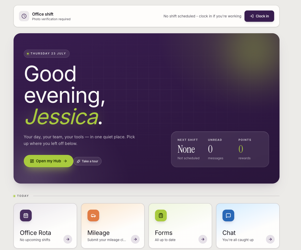 Care in Hand branded Care Connect Hub home screen