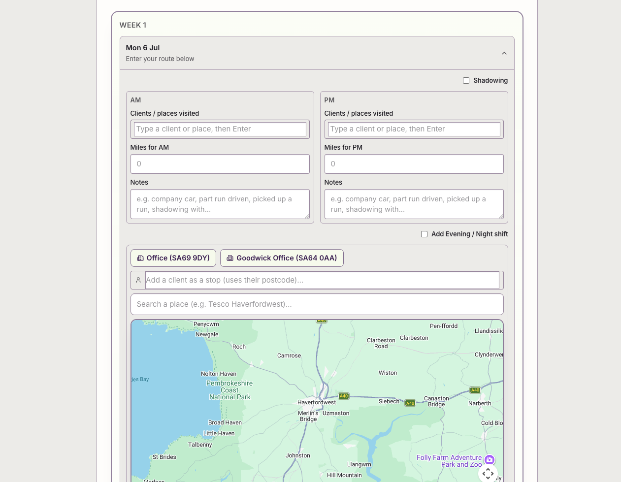 Care in Hand mileage form showing mapped journeys and calculated distances