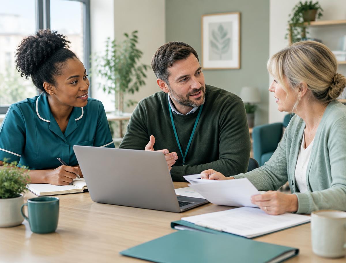 Home care team staying connected around a shared workspace